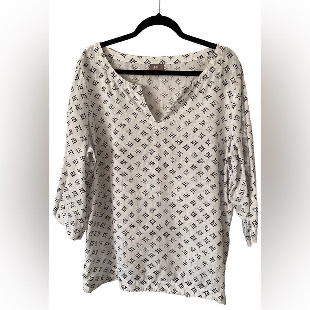 J Jill Women's Top Large Linen White Bohemian 3/4 Sleeves Boat Neck Boxy Popover